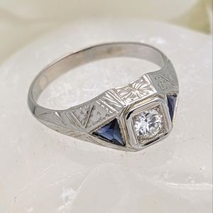 18K White Gold Vintage Diamond and Sapphire Art Deco Ring